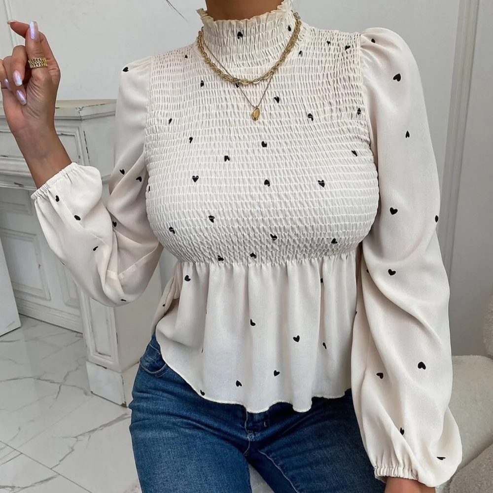 Boho Burgundy Red Heart Print Frill Neck Top - Picture 5 of 7